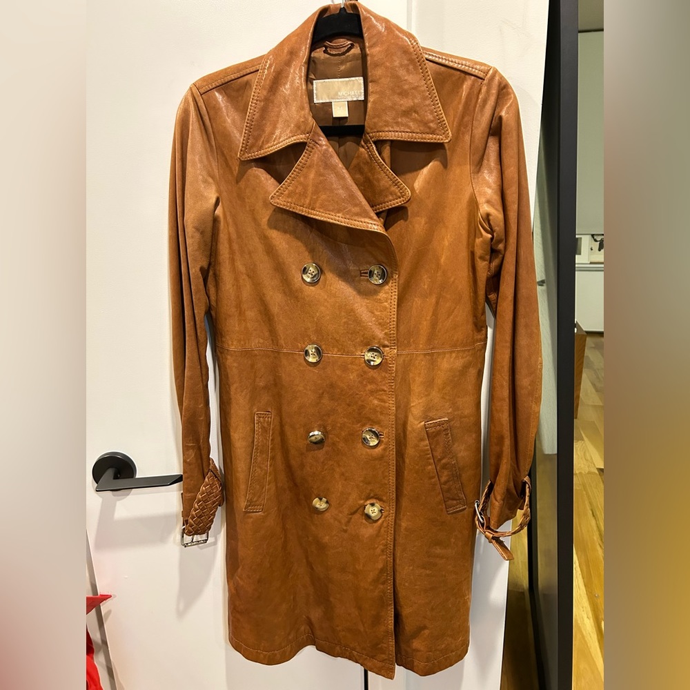 Michael Kors Brown Leather Trench Coat Jacket Sz XS Orig $600